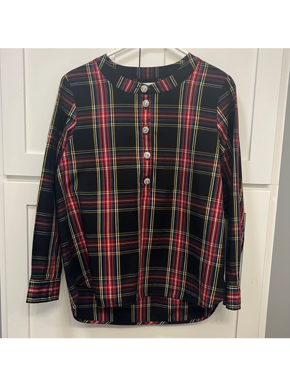 J. Crew Black Red Plaid Button-Front Long-Sleeve Top with Jewel Buttons